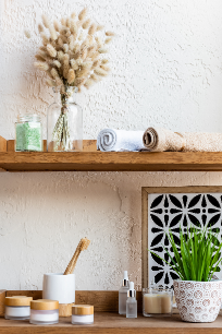 Bathroom shelf with neutral, unscented personal care products.